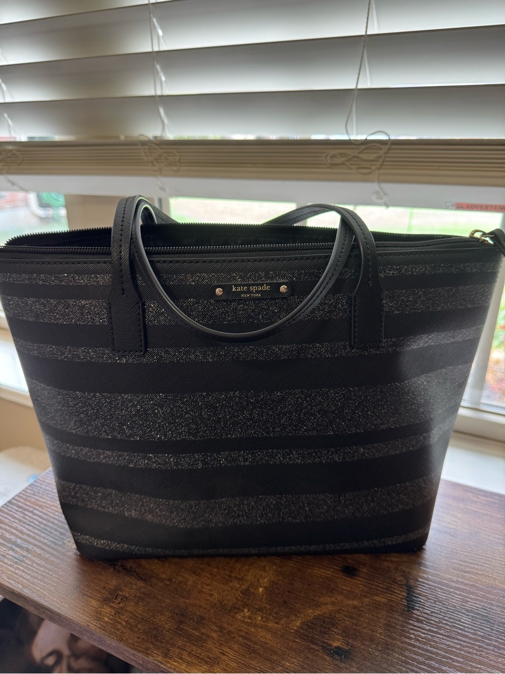 Kate Spade Black Metallic Sparkle Striped Tote Bag Handbag